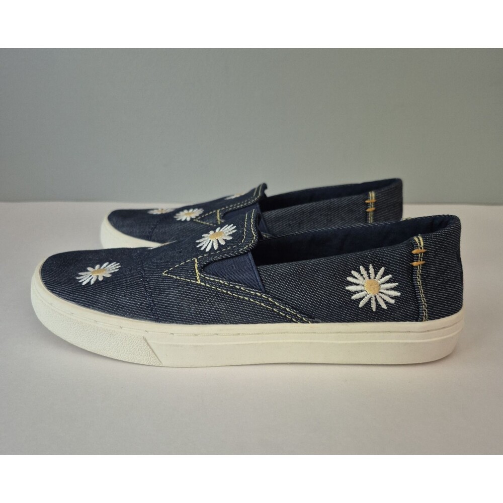 TOMS Blue Denim Canvas Luca Embroidered Daisy Casual Slip On Loafers Girls 3